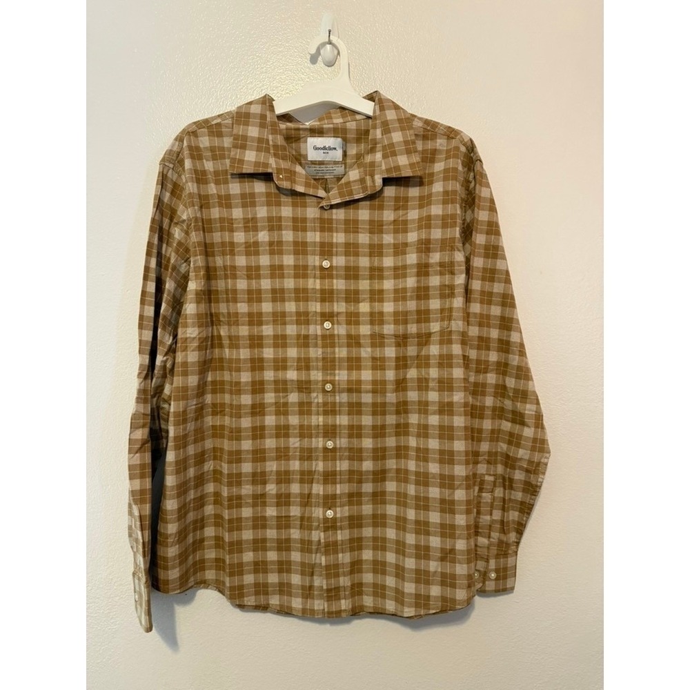 Goodfellow & Co Mens XL Every Wear Button-Up Poplin Shirt Brown Gingham Check